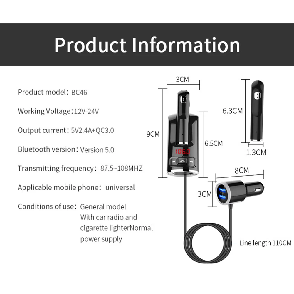 

Transmitter Bluetooth Car FM Bluetooth Players Space-saving USB BC46 Handsfree QC3.0 USB Fast Charger with Earphone