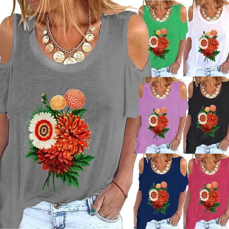 

Women's New Fashion Summer Short Sleeve Round Neck T-shirt Casual Flowers Printed Tops Ladies Off Shoulder Plus Size Blouse