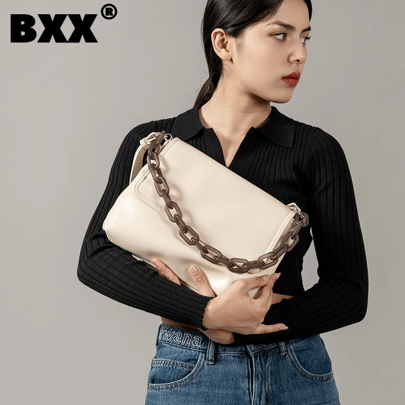 

[BXX] простые сумки через плечо из искусственной кожи с акриловой цепочкой для женщин 2021 Осенняя брендовая сумка через плечо трендовая Роскош...