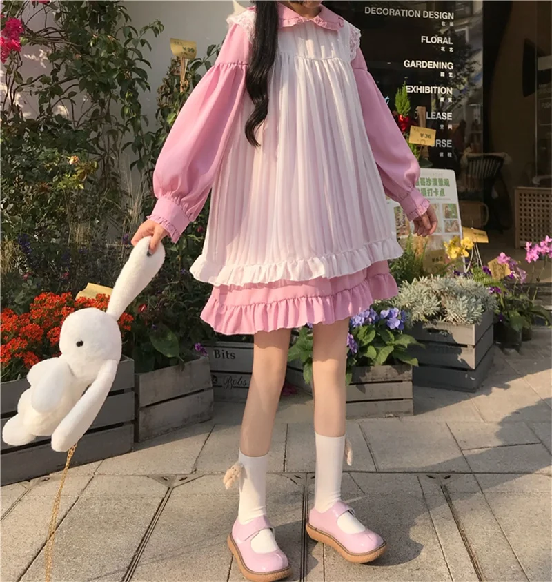 

Japanese Lolita Style Women 2 Pcs Net Yarn Mini Dress 2021 New Autumn Collar Ruffles Cute Kawaii Cosplay Girl'S Dresses Female