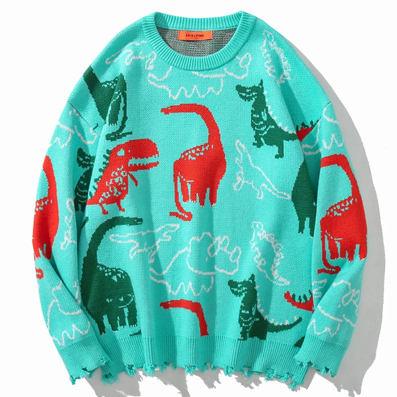 

Мужские Винтажные трикотажные свитера с динозавром, зима 2021, унисекс, в стиле хип-хоп, парная вязаная одежда оверсайз, Женский рваный свитер ...