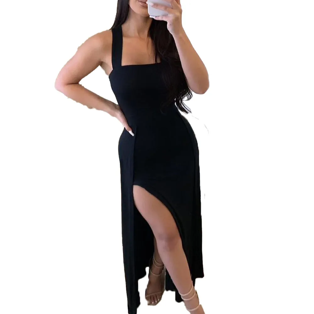 

2021 Europe America New Solid Color Halter Split Fork Sexy Women's Dress Fashion Summer High Waist African Casual Simplicity