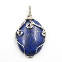 silver plated wire wrap oval shape lapis lazuli pendant stripe purple agates fashion jewelry