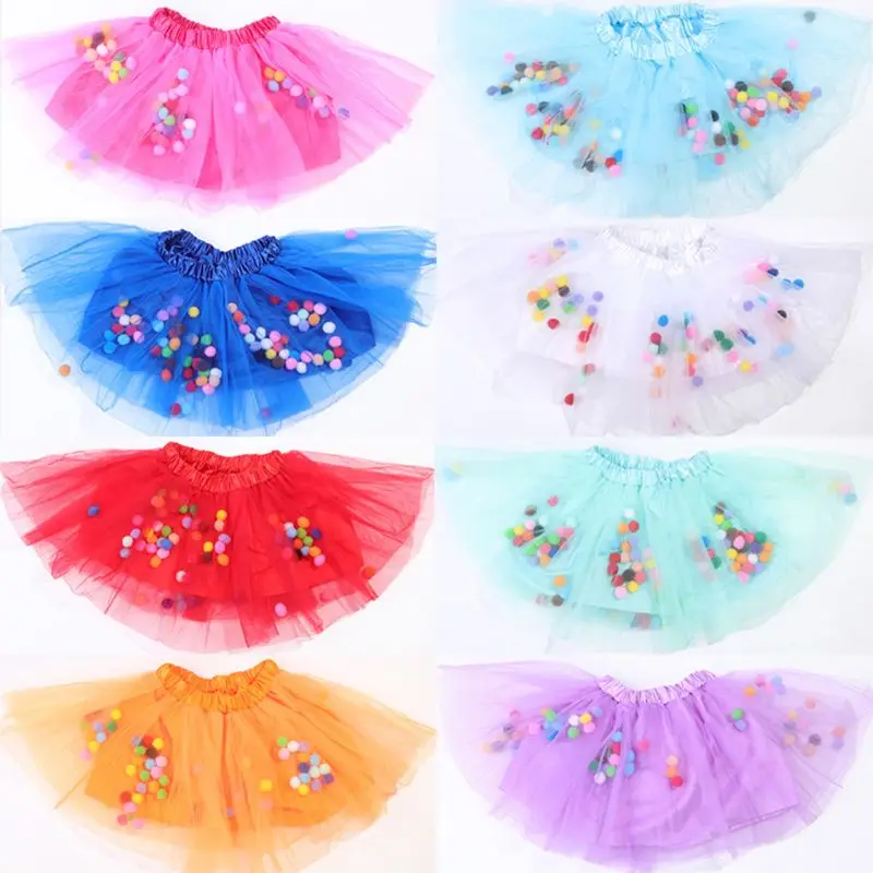 

Kids Girls Ballet Layered Fluffy Tulle Tutu Skirt with Rainbow Pom Pom Puff Ball Girl Tutu Skirt Kids Clothes Princess Clothing