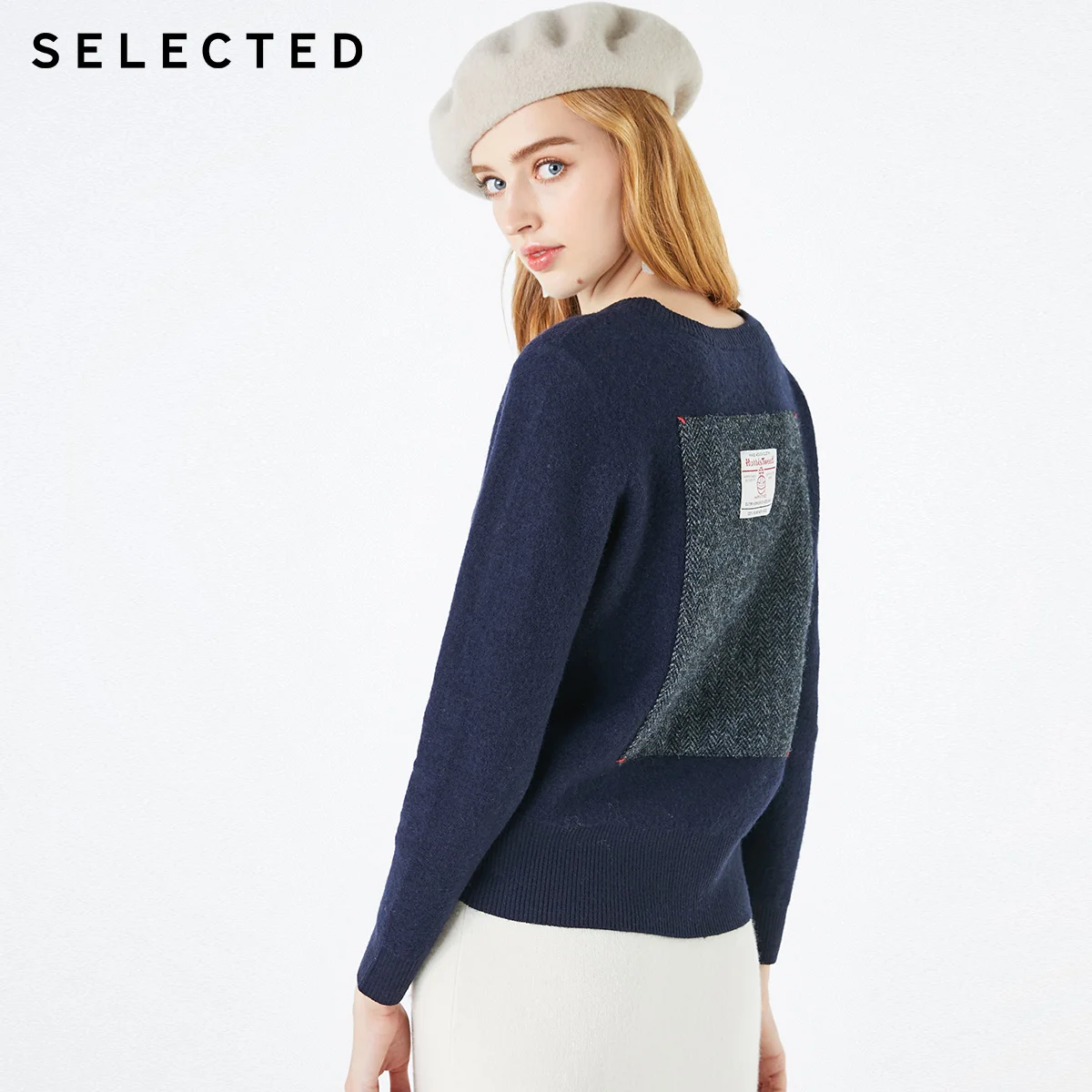 SELECTED Women's Splicing Patch 100% Wool O-Neck Round Sweater R|419413504 | Женская одежда