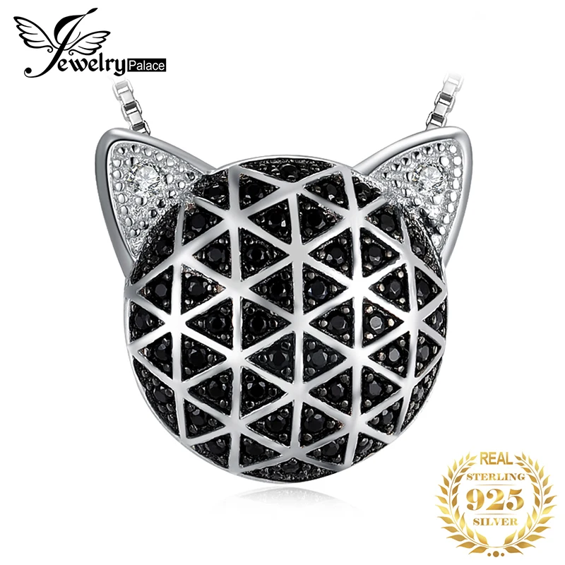 

JewelryPalace Genuine Black Spinel Cubic Zirconia Cat Face Pendant Without Chain 925 Sterling Silver Pendants Necklaces Without