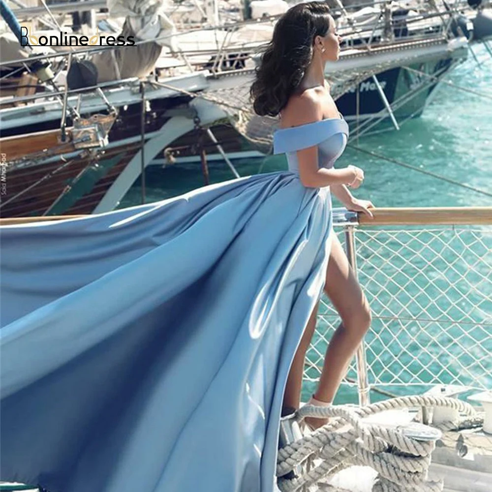 Bbonlinedress выпускное платье со шлейфом синее атласное вечернее платье с открытыми плечами с карманами разрез Вечернее платье