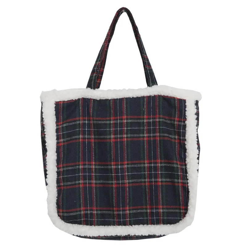 

Plaid Canvas Bgas for Women New Winter Japanese Style Lamb Small Vinatge Crossbody Bag Large Capacity Retro Student Tote Handbag