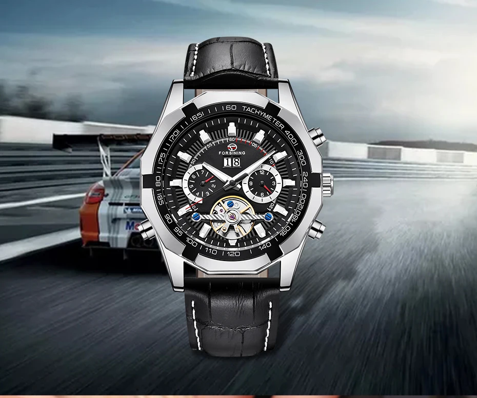 FORSINING, модные мужские Tourbillon, автоматические часы, Серебряный Скелет, кожаный ремешок, военные механические наручные часы, мужские спортивные часы