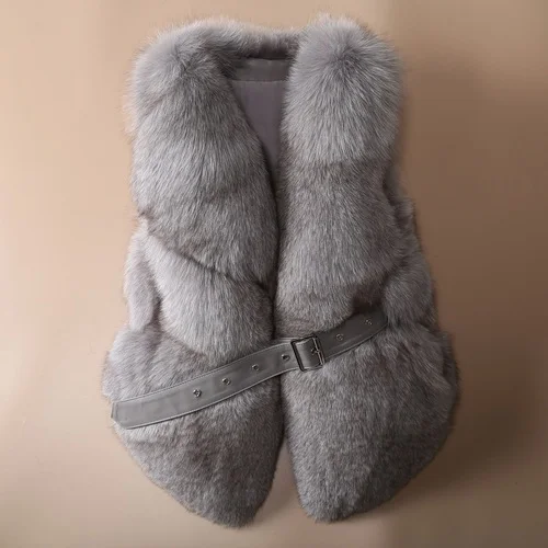 grey OFTBUY жилет из натурального Лисьего меха Повседневная женская зимняя безрукавка v-образный вырез пальто из натурального меха толстый теплый пояс уличная верхняя одежда - Цвет: grey