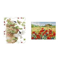2 set 11ct stamped cross stitch kits preprinted embroidery cloth diy needlepoint corn poppy birds and strawberries