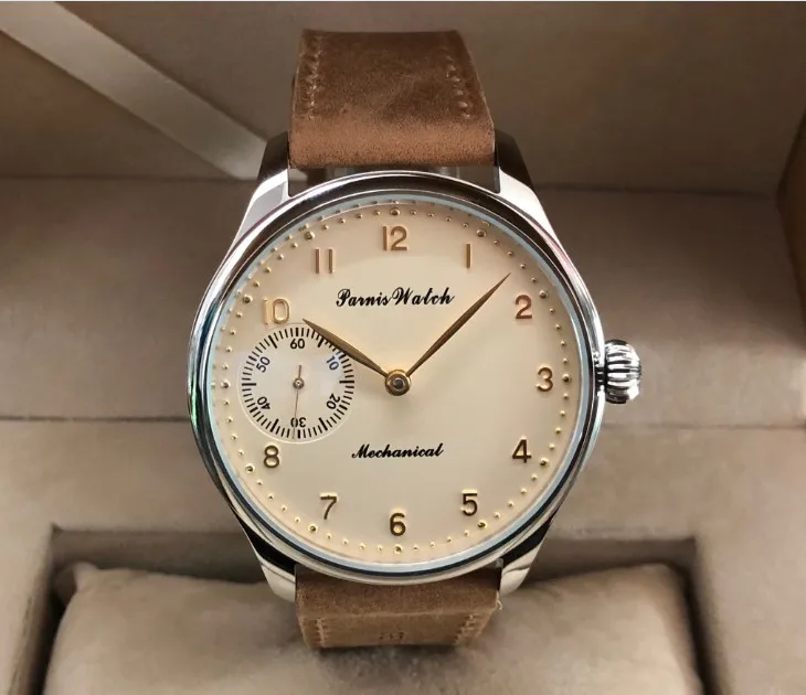 Мужские часы PARNIS с сапфировым стеклом или минеральным 44 мм молочно желтым