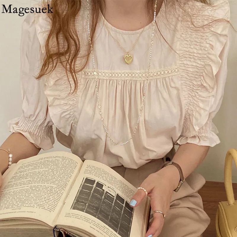 

Женская плиссированная Блузка с оборками, повседневная шикарная блузка в Корейском стиле с пышными рукавами и круглым вырезом, элегантная ...