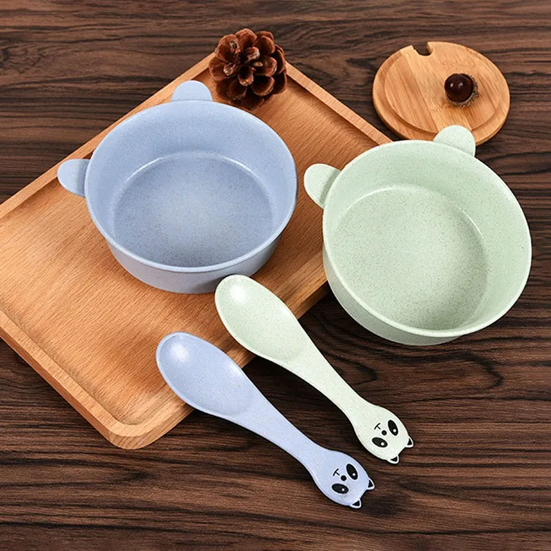 

Baby's Food Dishes Bowl Insulation Wheat Stalk Feeding Dinnerware Cartoon Plates Bowls with Spoon for Kids