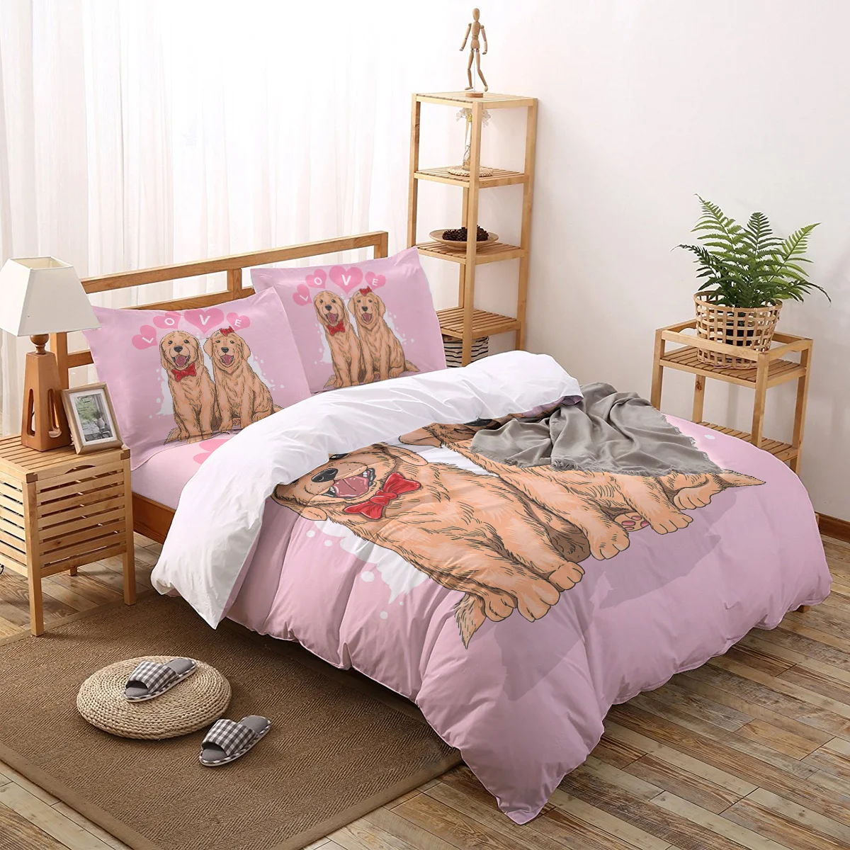 Valentine'S Day Pink Couple Pet Dog Pattern Duvet Cover Set 3/4pcs Bedding Bed Sheet Pillowcases | Дом и сад