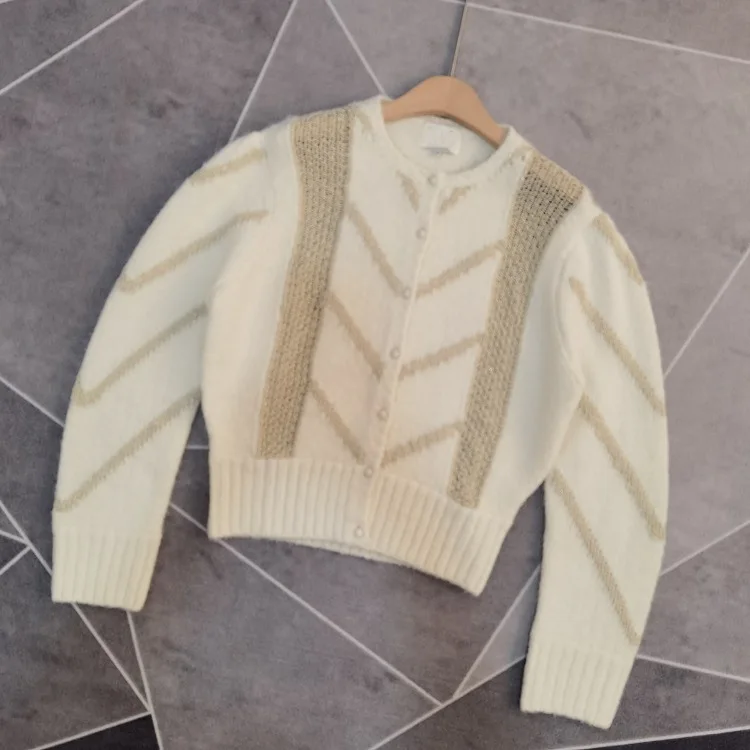 Коллекция осень-зима 2020 года золотой Шелковый мохеровый кардиган с пышными