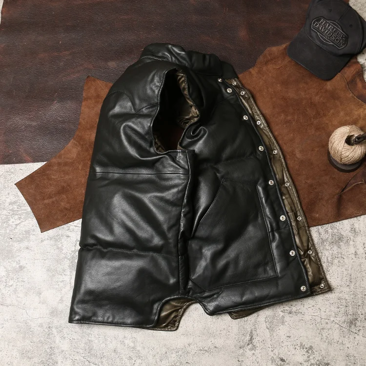 

big G-KLX US Super Offer! size super quality Cow skin vest men's cowhide leather vest mens 20% duck feather down warm vest