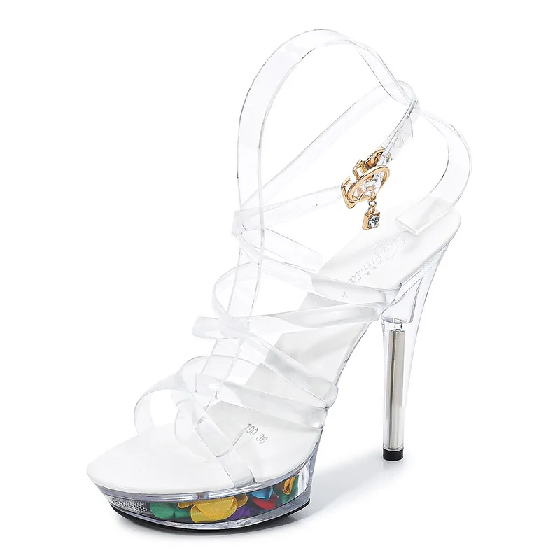 

15CM Ultra High Heel Female Sandals Transparent Platform Open Toe Pumps Cross Strap Buckle Sexy Nightclub Party Summer Shoes