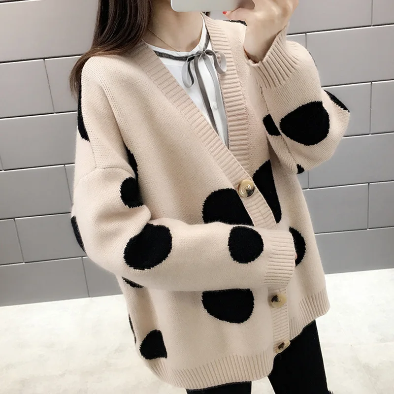 

Polka Dot V-neck Sweater Women's 2020 New Spring Loose Top Korean Knitted Cardigan Autumn Coat knitted cardigan Regular One size