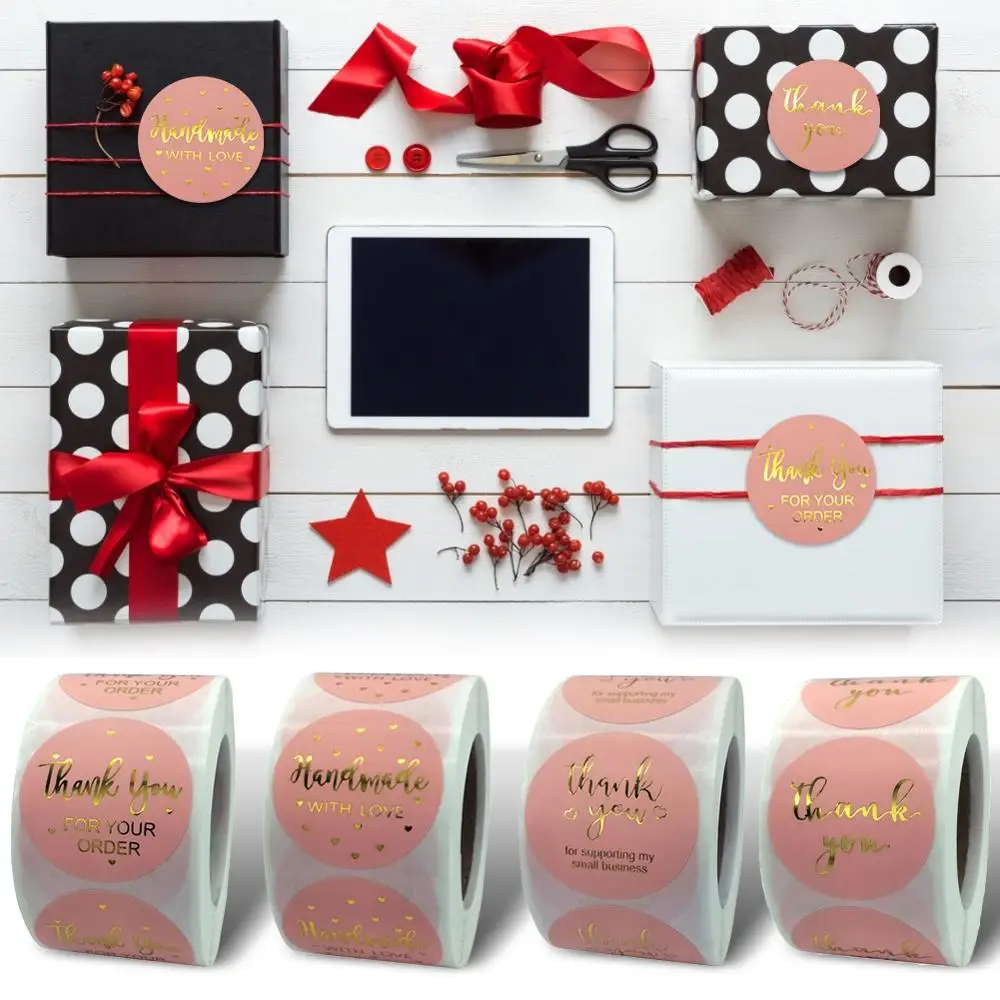 500 шт./1 5 дюйма рулон розовые спасибо за наклейки с золотой фольгой Розовые для