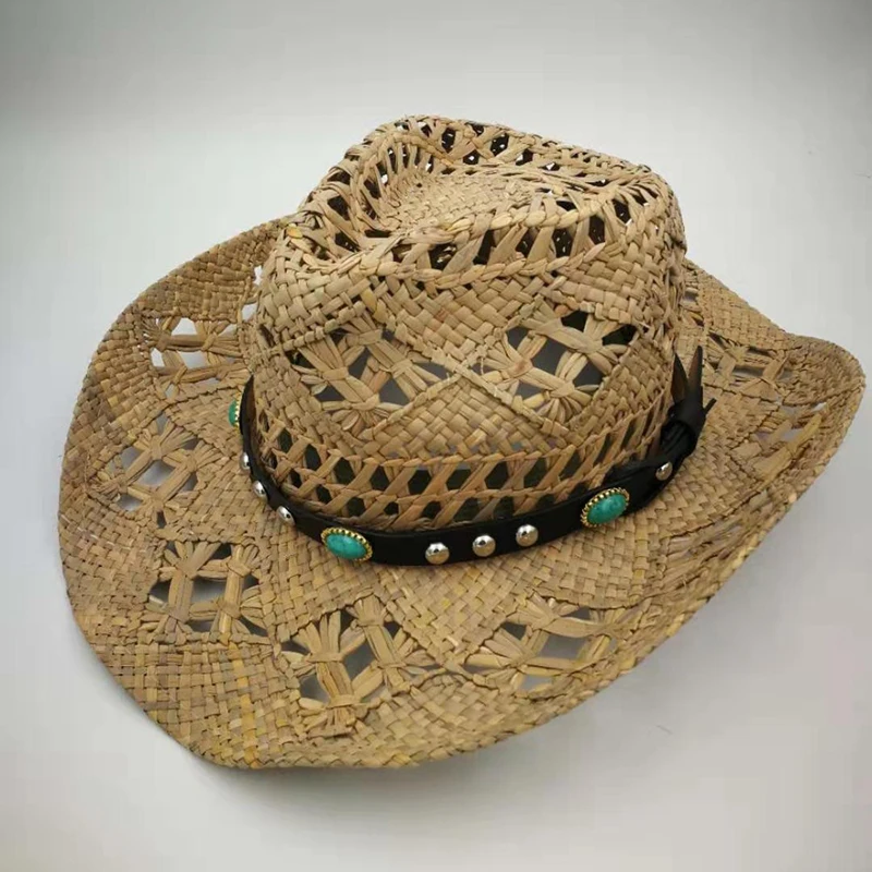 Летние натуральная солома рафия ковбойская шляпа для Для женщин обувь ручной