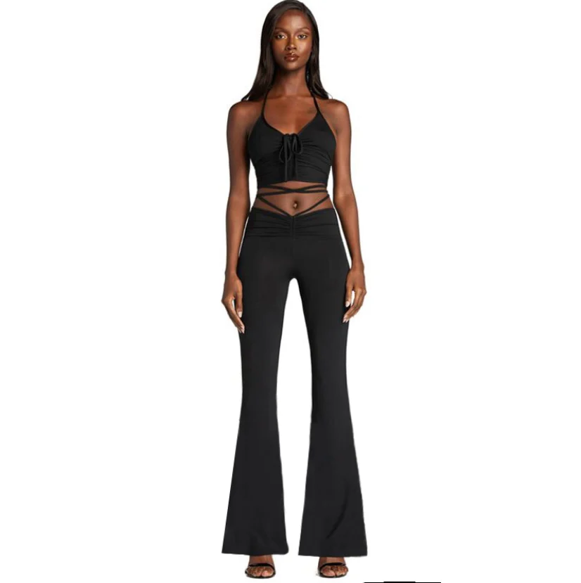 

Mmiot 2 Piece Set Y2K Streetwear Sexy Bandage Blue Co-ord Suits 2000s Fashi on Drawstring Halter Top and High Waist Flare Pants