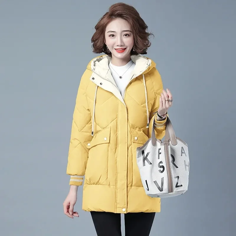 

Winter Women Cotton Padded Jacket Midi-Length Loose Rib Knit Cuff Hooded Parkas Thicken Warm Casual Female Down Cotton Coat