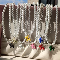 y2k rainbow color puppy balloon dog pearl beaded necklace for women imitation pearl cartoon charm choker girls simple jewelry