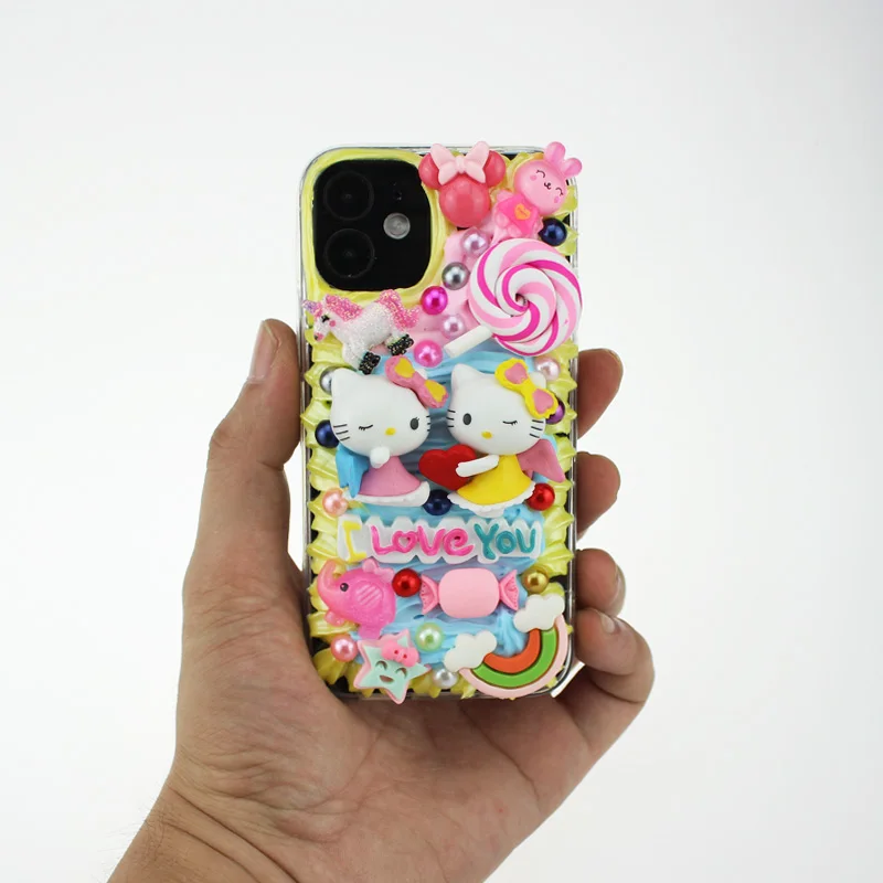 

New kawaii kt cat phone cover for iphone 11 12 pro max 13 mini 7 8 plus xs xr se 2020 apple case women girls cute cream rainbow