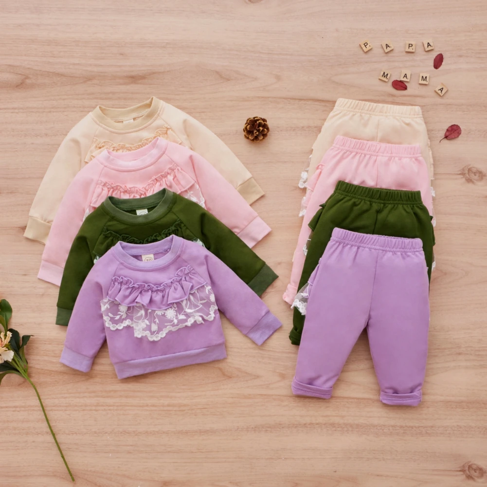 

Bobora Autumn Baby Girls Suit Girls Cute Lace Pleated Long-sleeved Trouser Suit Green 110cm