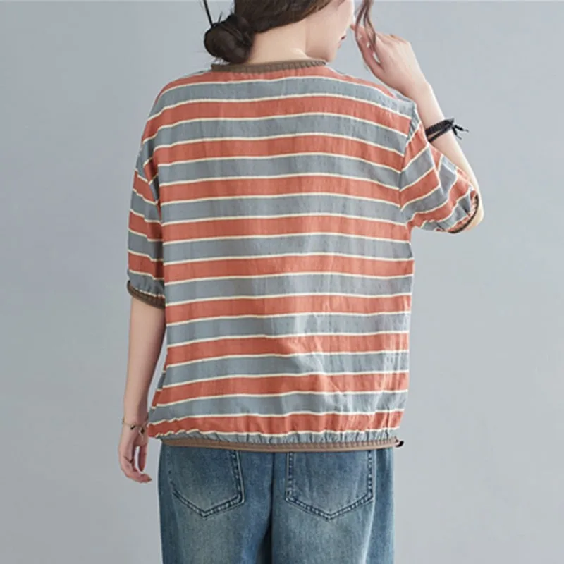 

Women Cotton Linen Casual T-shirts New Arrival 2021 Summer Simple Style V-neck Striped Loose Female Short Sleeve Tops Tees S3575