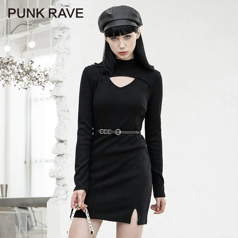 

PUNK RAVE Girl's Hollow Out Long Sleeve Knitted Short Dress Wraps Buttock Thickens Slim Sexy Opens Fork Autumn Winter