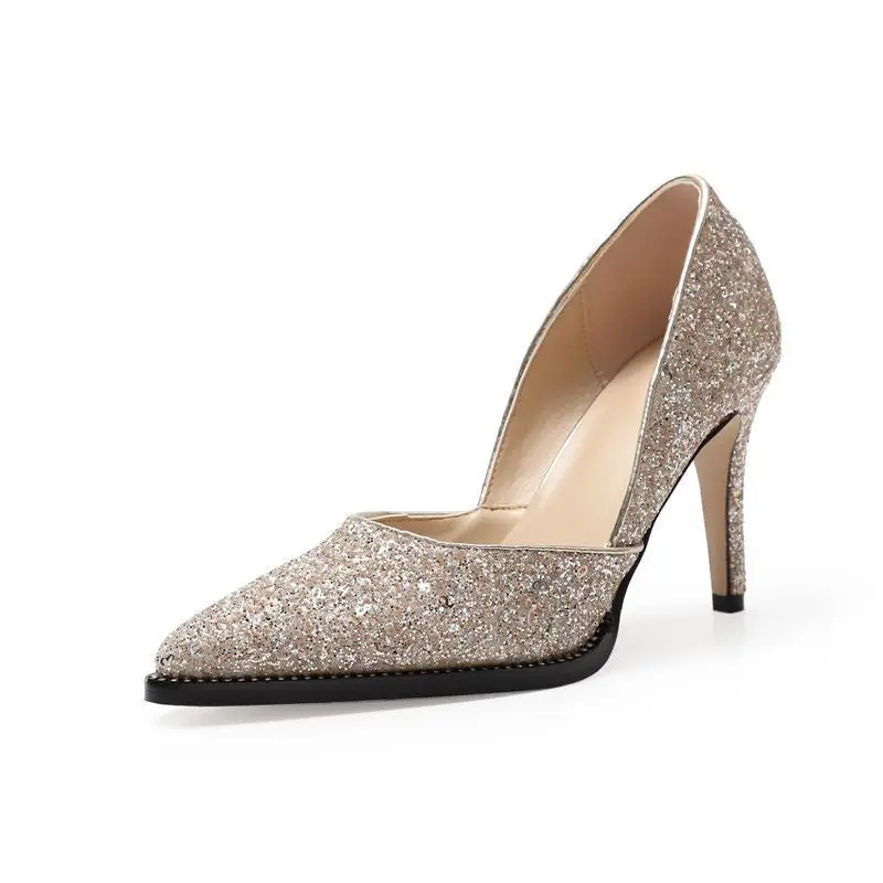 

Shallow Mouth Branded Pumps High Heels Pointed Toe African Woman Shoe Sexy Sandals Slip On Hollow Bling Bling 2021 Lace-Up Fashi