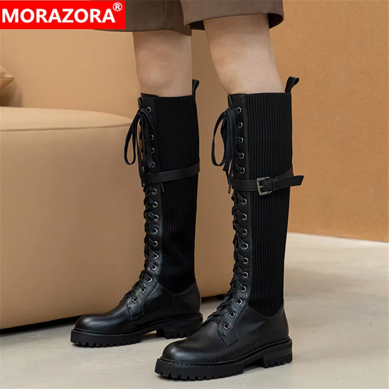 

MORAZORA 2021 Hot Sale Knitting Stretch Boots Female Genuine Leather Shoes Cross Tied Winter Low Heels Knee High Boots Woman