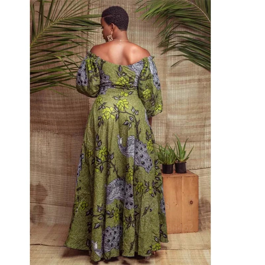 

Dashiki African Dresses for Women's Casual Fashion Large Size Peacock Digital Printing Sexy Lantern Sleeves African Dress Girls
