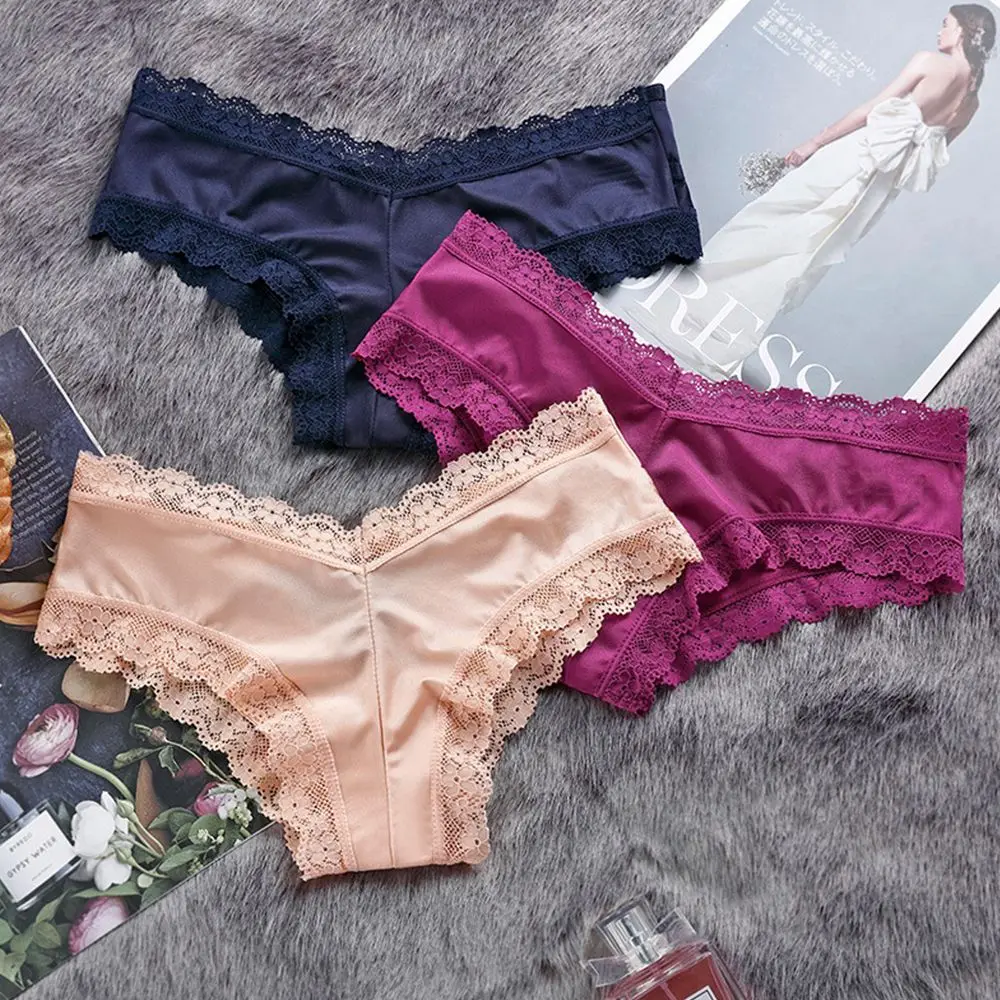 

Women Sexy Ice Silk Hollow Lace Underwear Satin Seamless Panties String Low Waist T-Shaped Panties Briefs