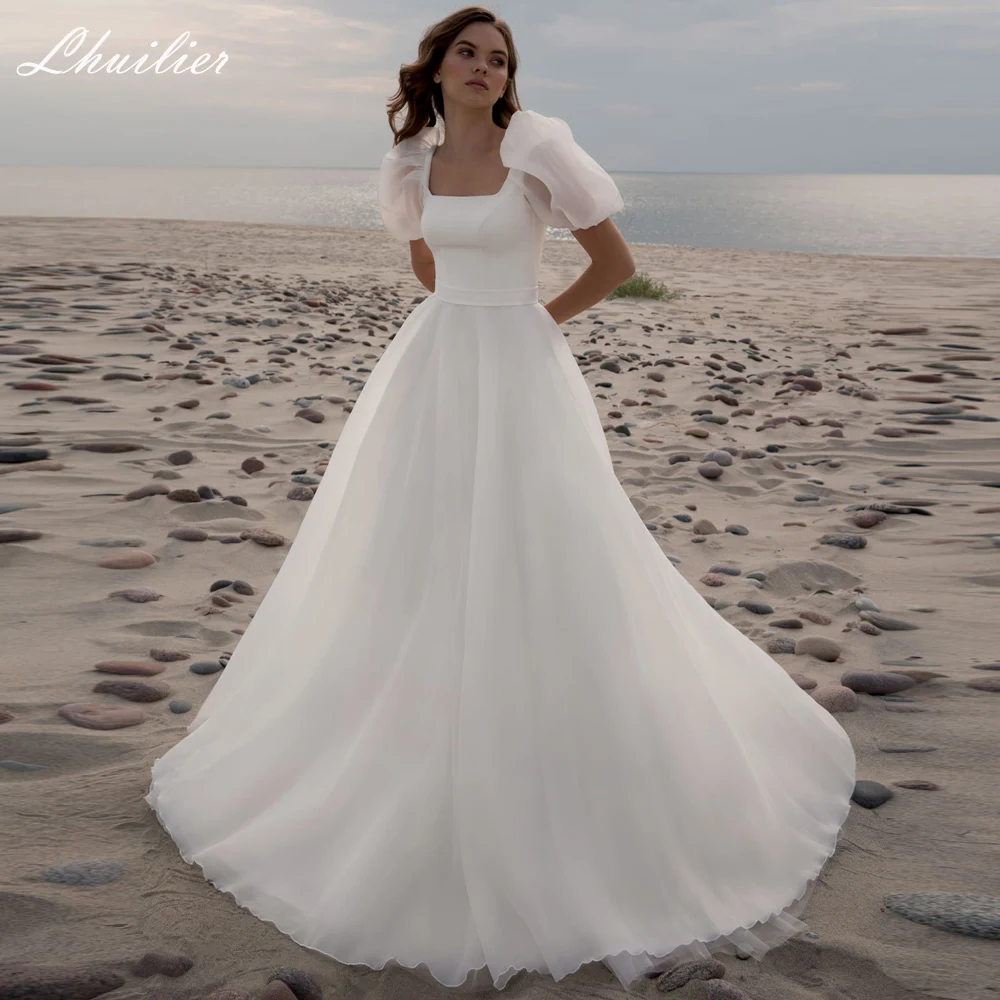 

Женское ТРАПЕЦИЕВИДНОЕ свадебное платье из тюля, с квадратным вырезом и пышными рукавами