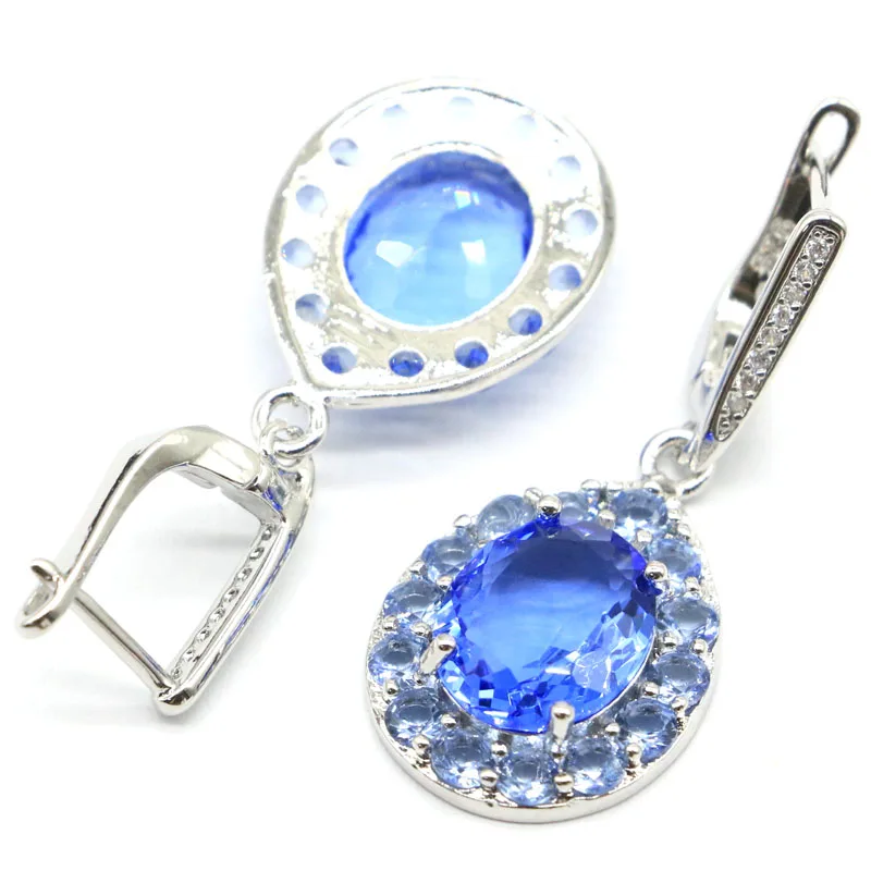 

37x16mm Luxury Created Rich Blue Violet Tanzanite White CZ Gift For Ladies Silver Earrings