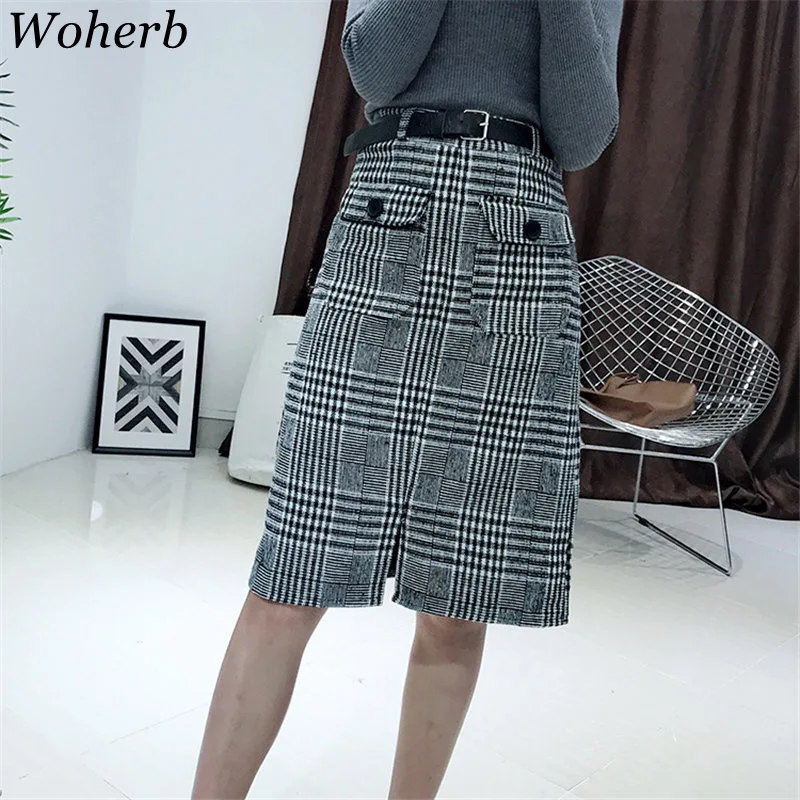 Woherb 2021 винтажные клетчатые юбки для женщин с высокой талией и поясом корейские