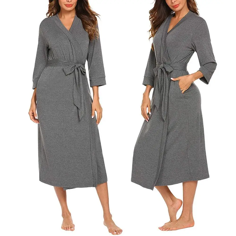 

Women Casual Cotton Sleepwear Solid Nightwear Long Robe 4/3 Sleeve V-neck Nightgowns Batas Para Dormir Mujer 2019 New Hot Sale Y