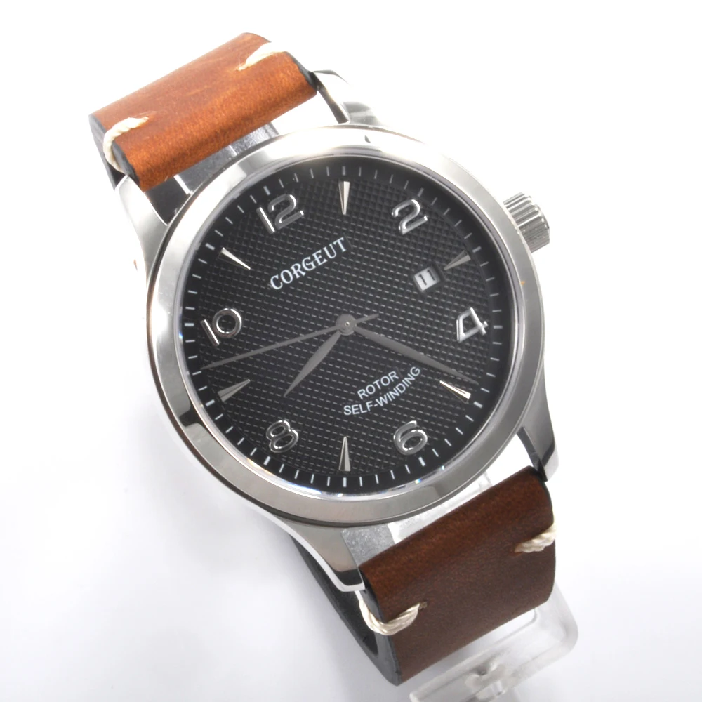 Модные механические часы Corgeut 42 мм роскошные топового бренда с кожаным