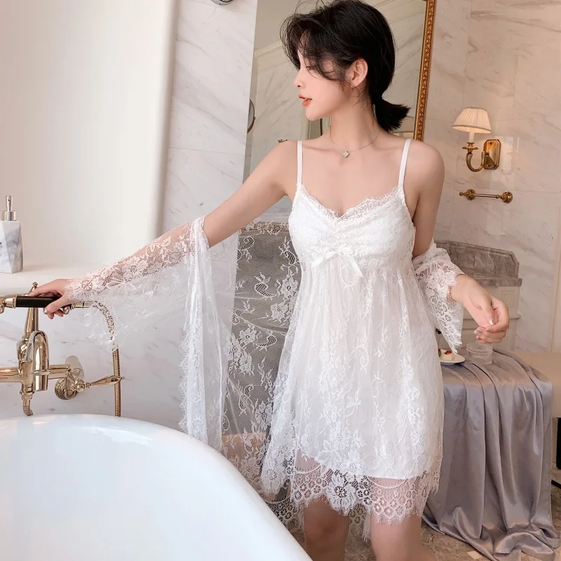 Халат женский летний кружевной из двух предметов с подтяжками|Комплекты халатов