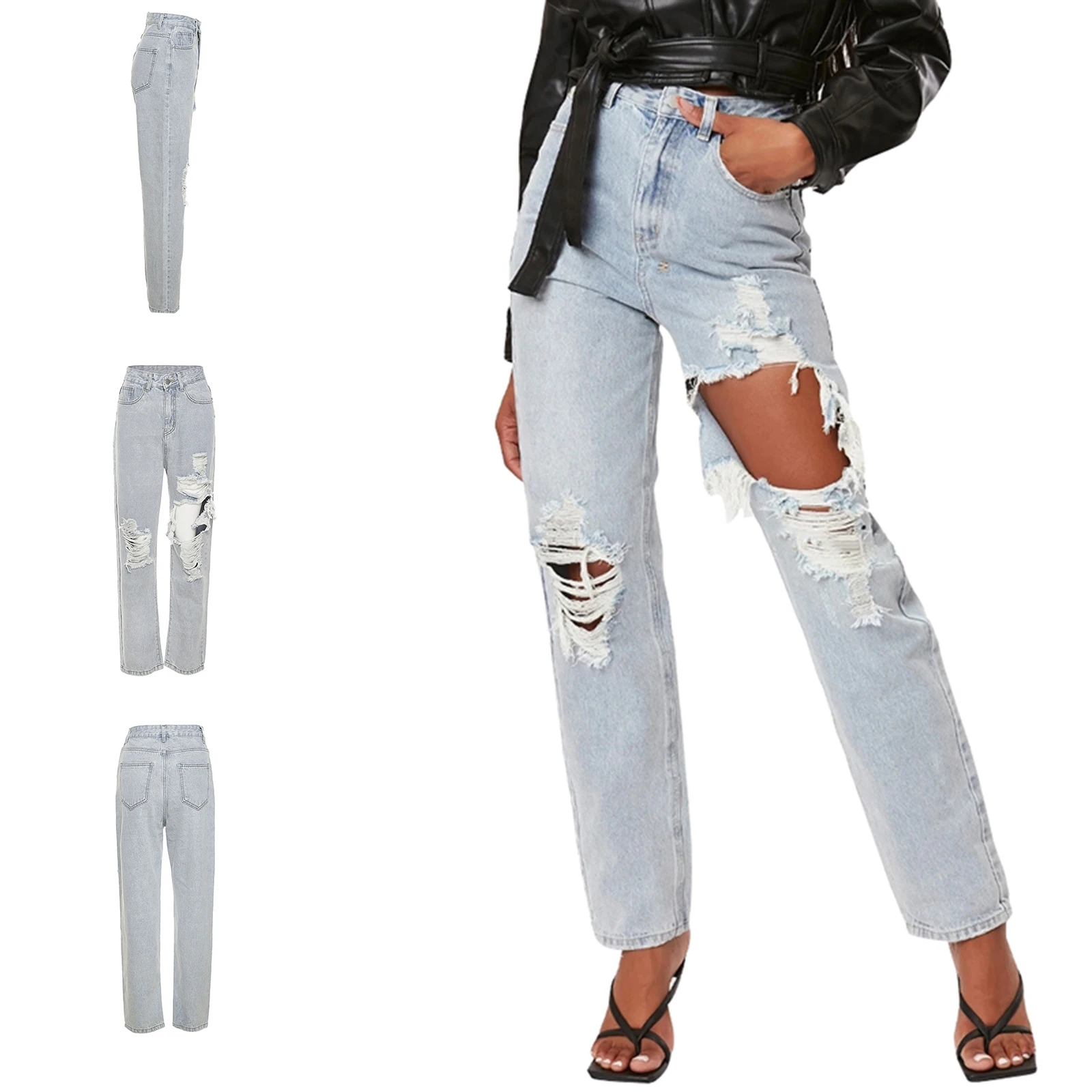 

New Arrival Stylish Women Summer Ripped Jeans, Adults Solid Color Straight-leg Trousers with Pockets