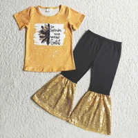ready to ship kids fashion sequins stitching outfit baby girls sunflower printed top match flare pants suit with short sleeve
