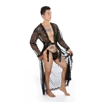 sexy lingerie robe lace sheer long bathrobe nightwear erotic see through men underwear dressing gown and lace thong sleepwear