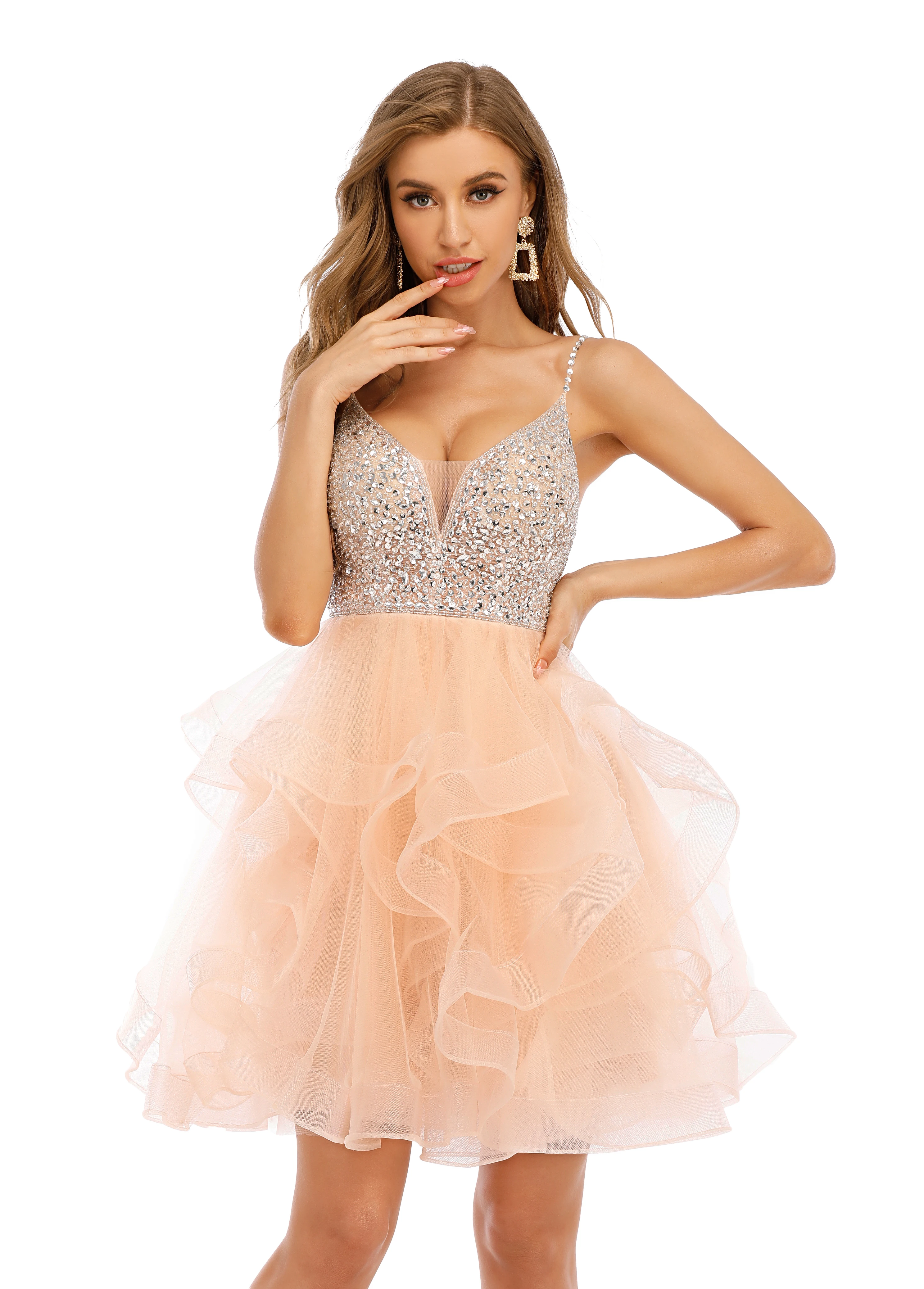 

Berylove Champagne Homecoming Dress Beaded Cocktail Dress Tiered Tulle Graduation Dress Mini Girl Dress Lace up Back Party Gown