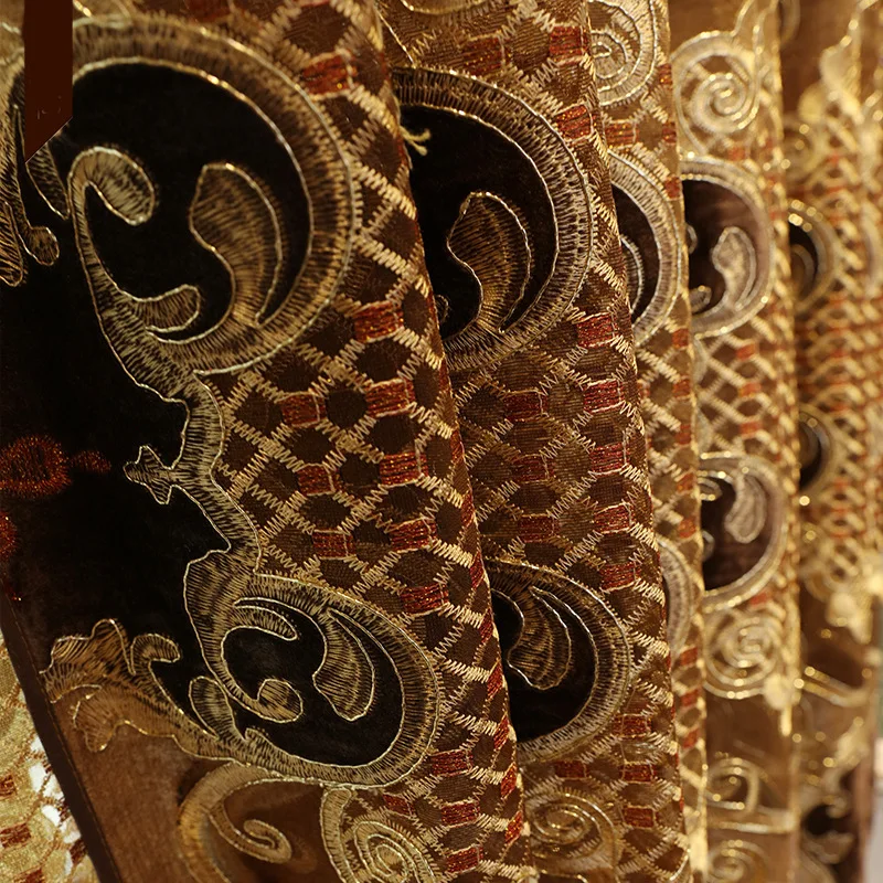 

European-style luxury brown curtains for living room bedroom embroidered gold curtain screens used for luxury curtains