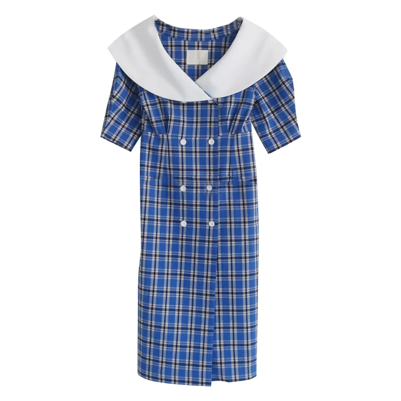 LANMREM клетчатое женское платье с отворотом коротким рукавом двубортное талией