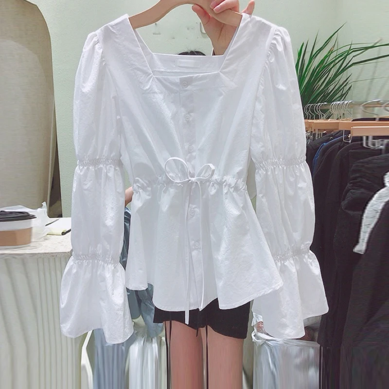 

2020 New Korean Fashion Solid Puff Long Sleeve Blouse Women Drawstring Autumn Tide Clothing Simple solid Blouse