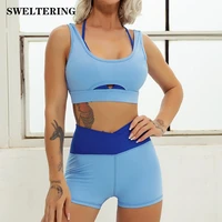 2 piece splicing yoga set workout clothes for women ribbed gym sets women sports bras yoga shorts women gym clothing sport suit